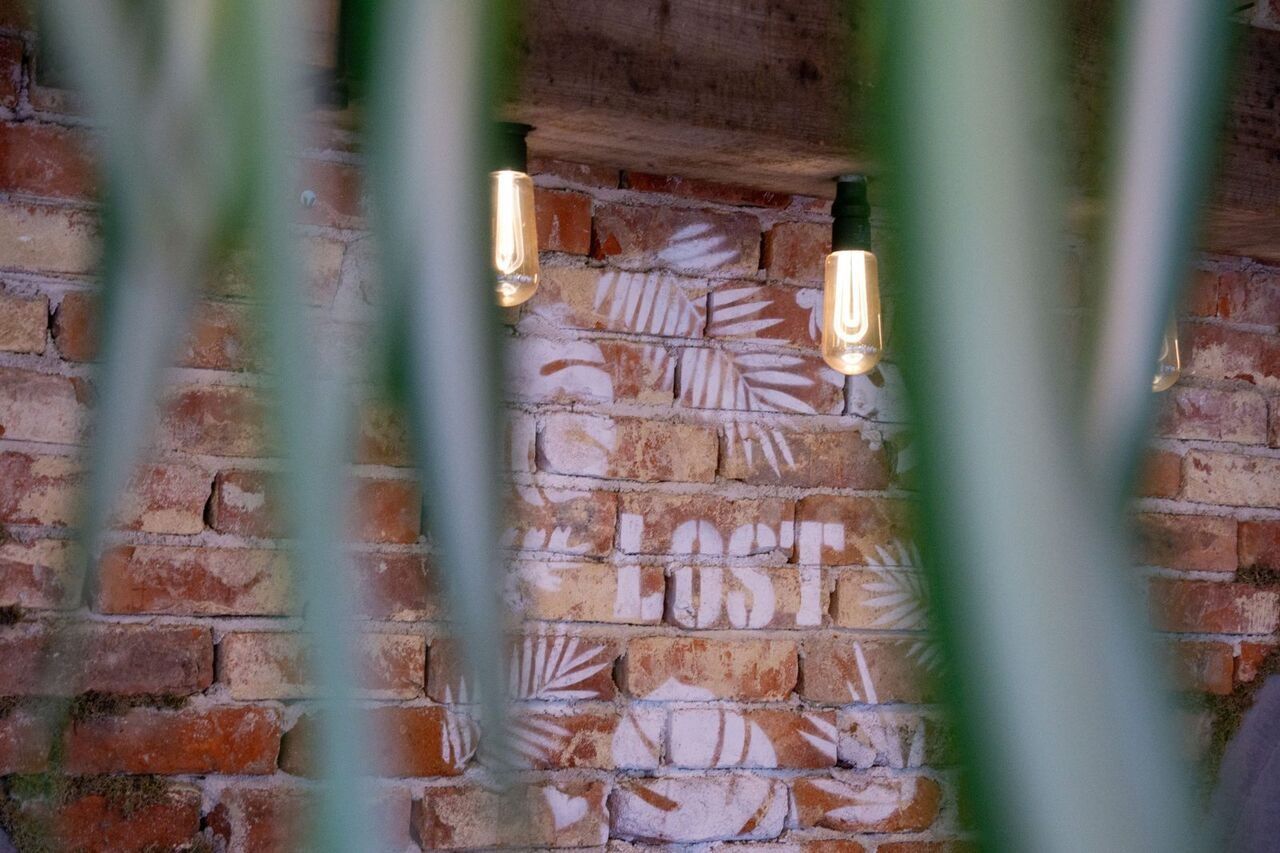 Parede de tijolo do LOST com letreiro e folhagem